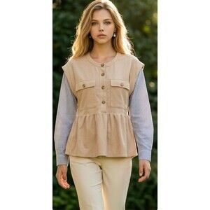In February Blouse Womens Size L Beige Colorblock Peplum Button Front NWT